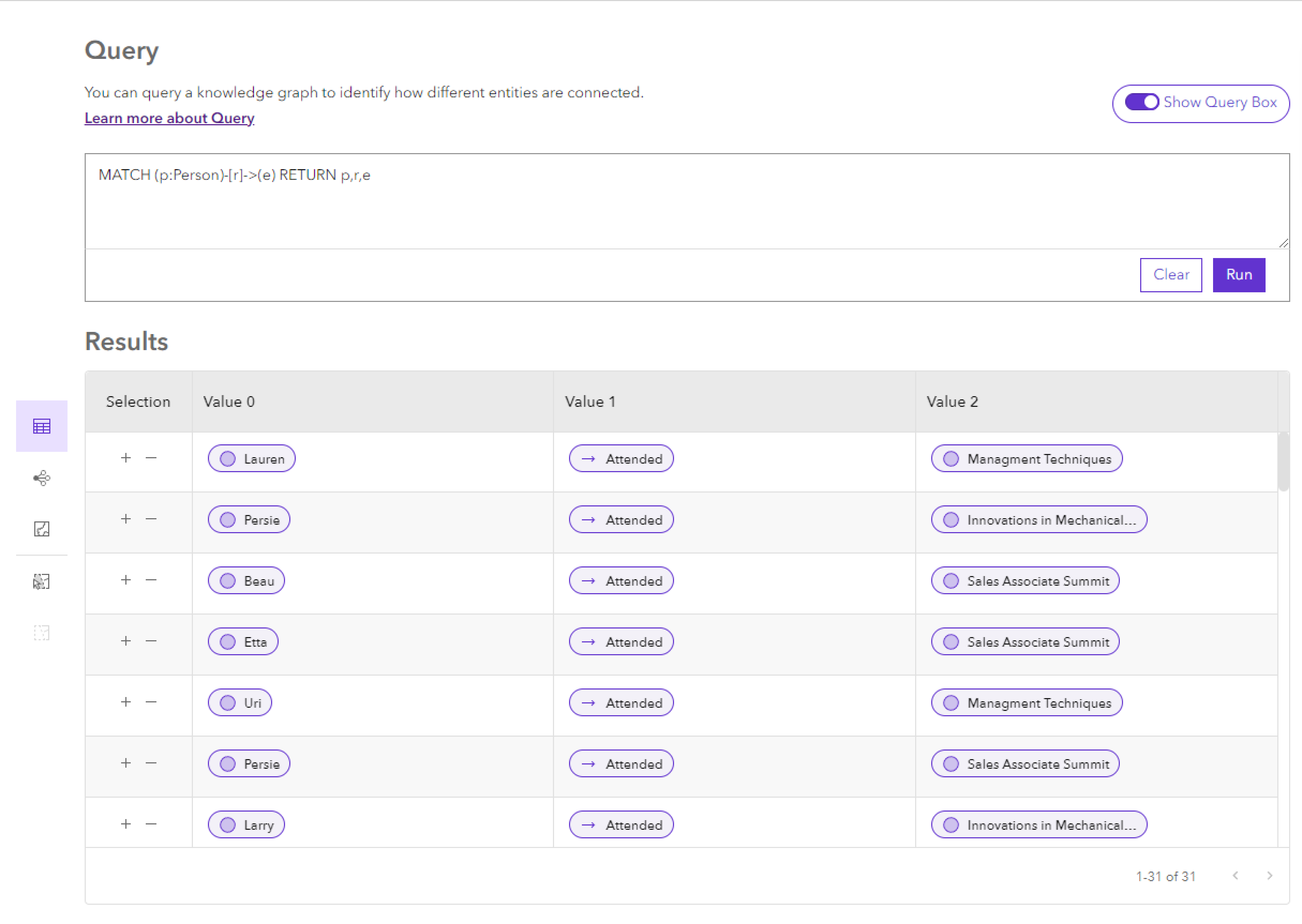 Results of a query that returns origin and destination entities and the relationship that connects them